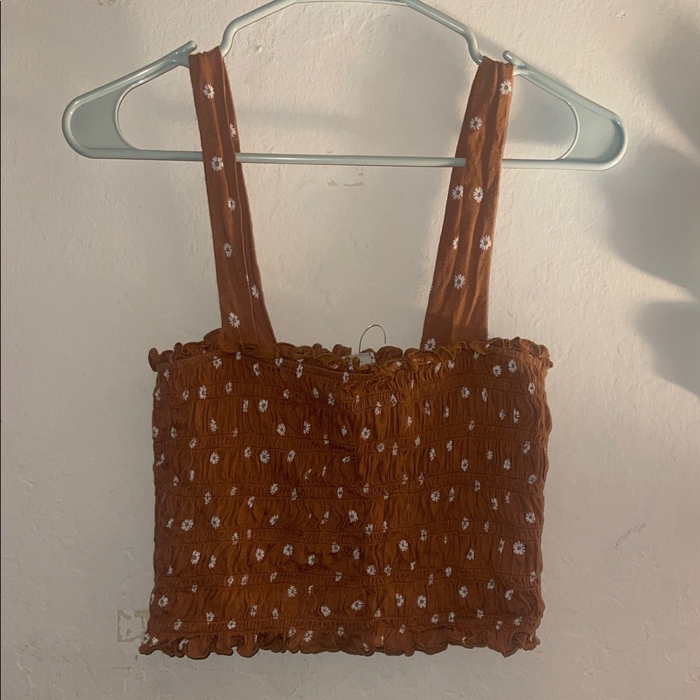 Brown Smocked Floral Crop Tank Top